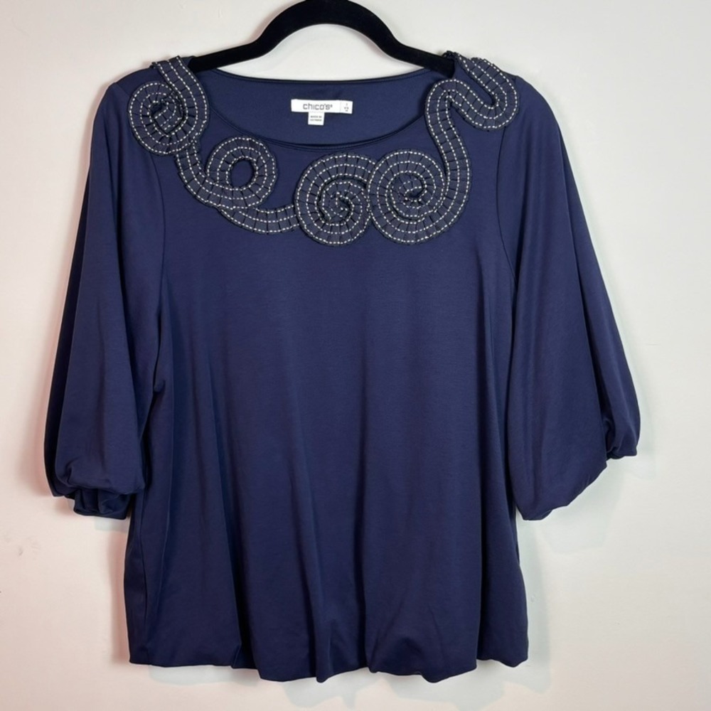 Chico's Womens Bubble Hem Pleated Blue 3/4 Sleeve Stretch Top sz 1/MED Cotton